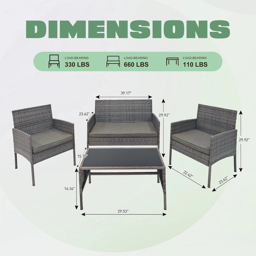 4 Piece Wicker Patio Conversation Furniture Set with Glass-Top Coffee Table & Gray Cushions H7828