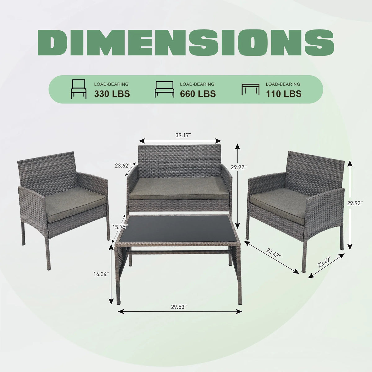 4 Piece Wicker Patio Conversation Furniture Set with Glass-Top Coffee Table & Gray Cushions H7828