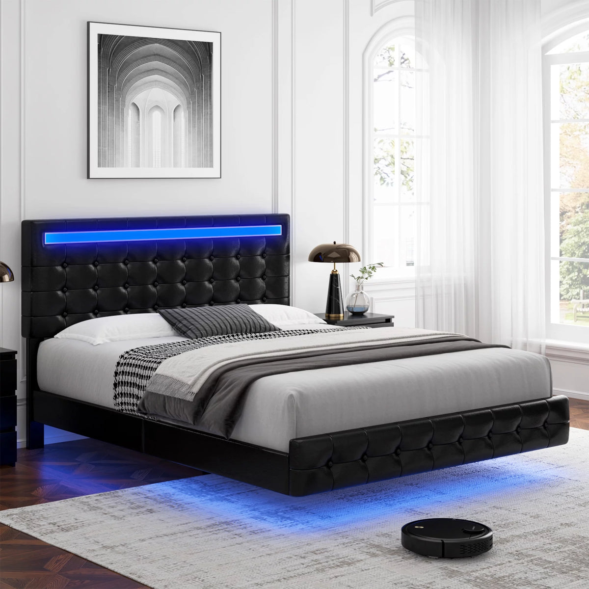 Queen Floating LED Platform Bed Frame with Under Bed Storage O1700