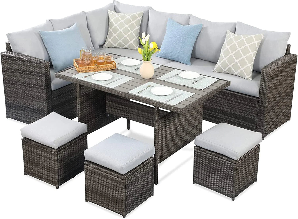 7 Piece Outdoor Dining Sectional Sofa with Dining Table and Chair Grey E713