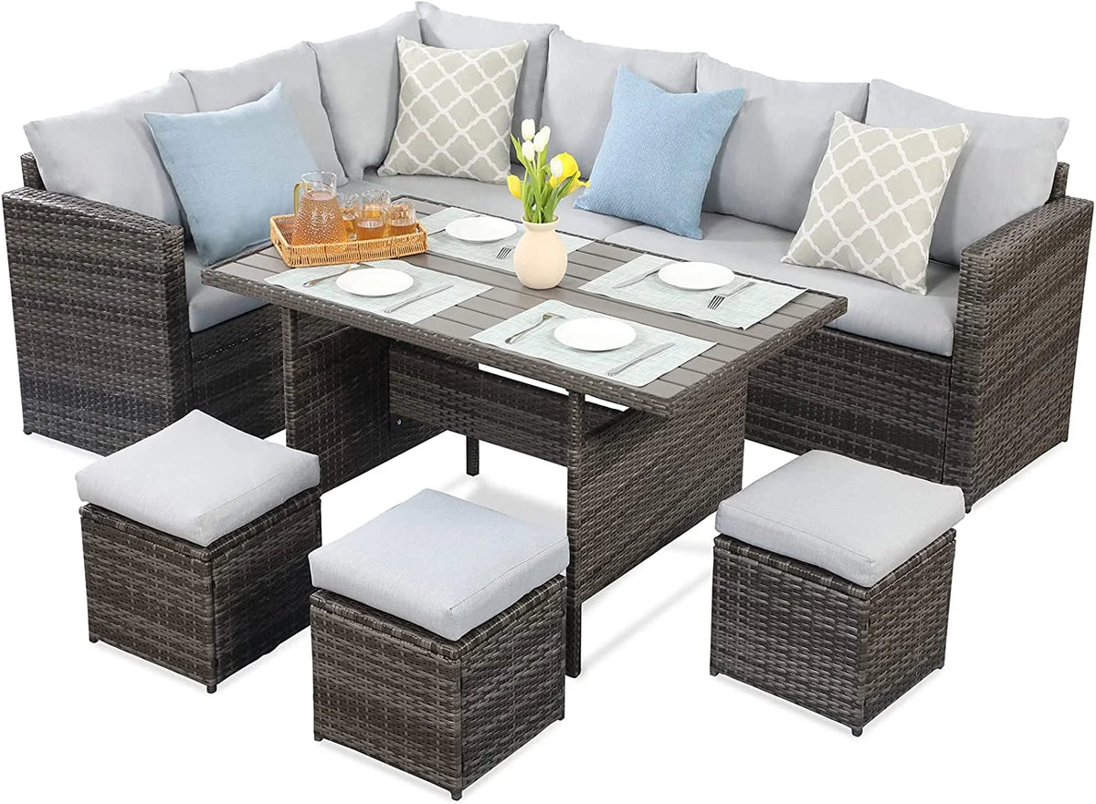 7 Piece Outdoor Dining Sectional Sofa with Dining Table and Chair Grey E713