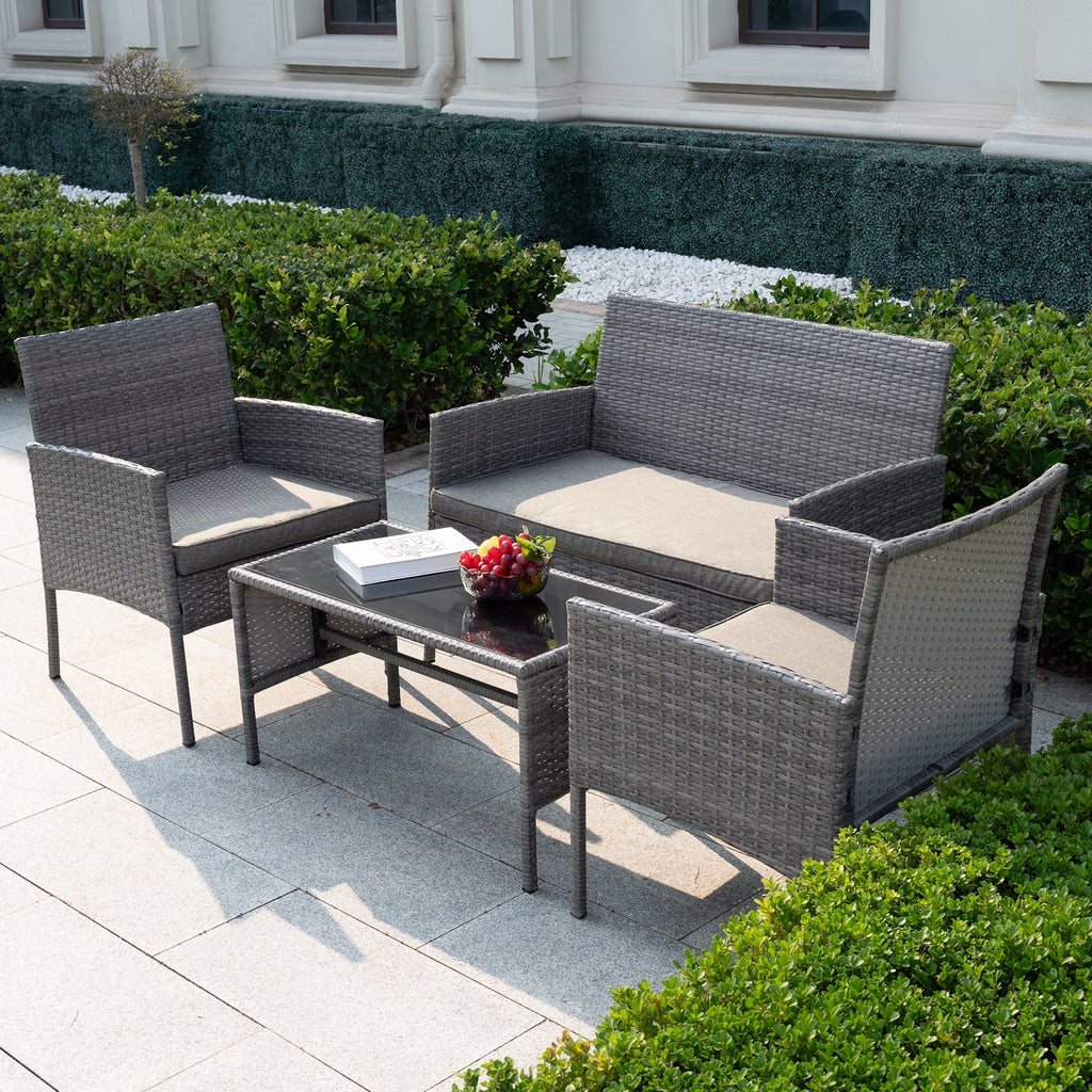 4 Piece Wicker Patio Conversation Furniture Set with Glass-Top Coffee Table & Gray Cushions H7828