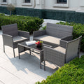 4 Piece Wicker Patio Conversation Furniture Set with Glass-Top Coffee Table & Gray Cushions H7828