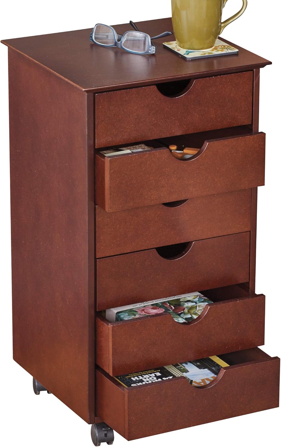 Dark Brown 6 Drawer Wooden End Table Cabinet with Wheels O395658