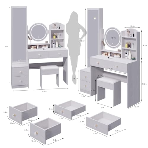 White Oak Makeup Vanity Set with Mirror and Stool I922310