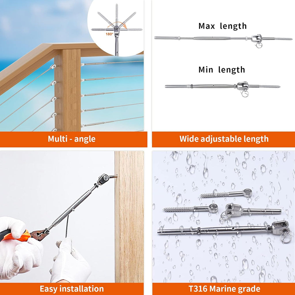 20 Set Cable Railing Kit 1/8 T316 Stainless Steel Turnbuckle Hardware W605825
