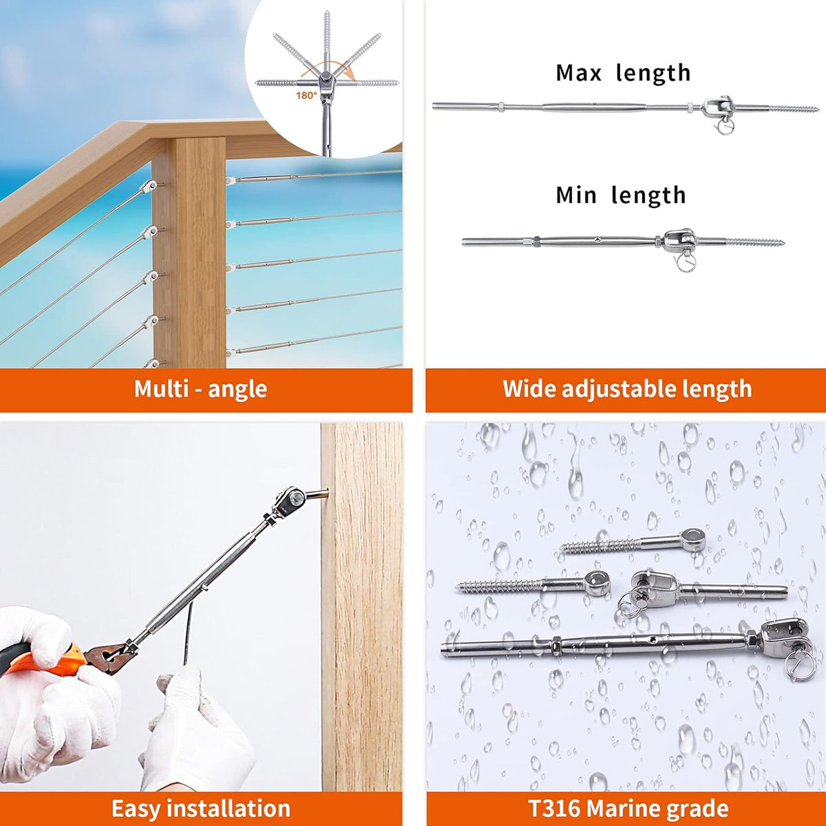 20 Set Cable Railing Kit 1/8 T316 Stainless Steel Turnbuckle Hardware W605825