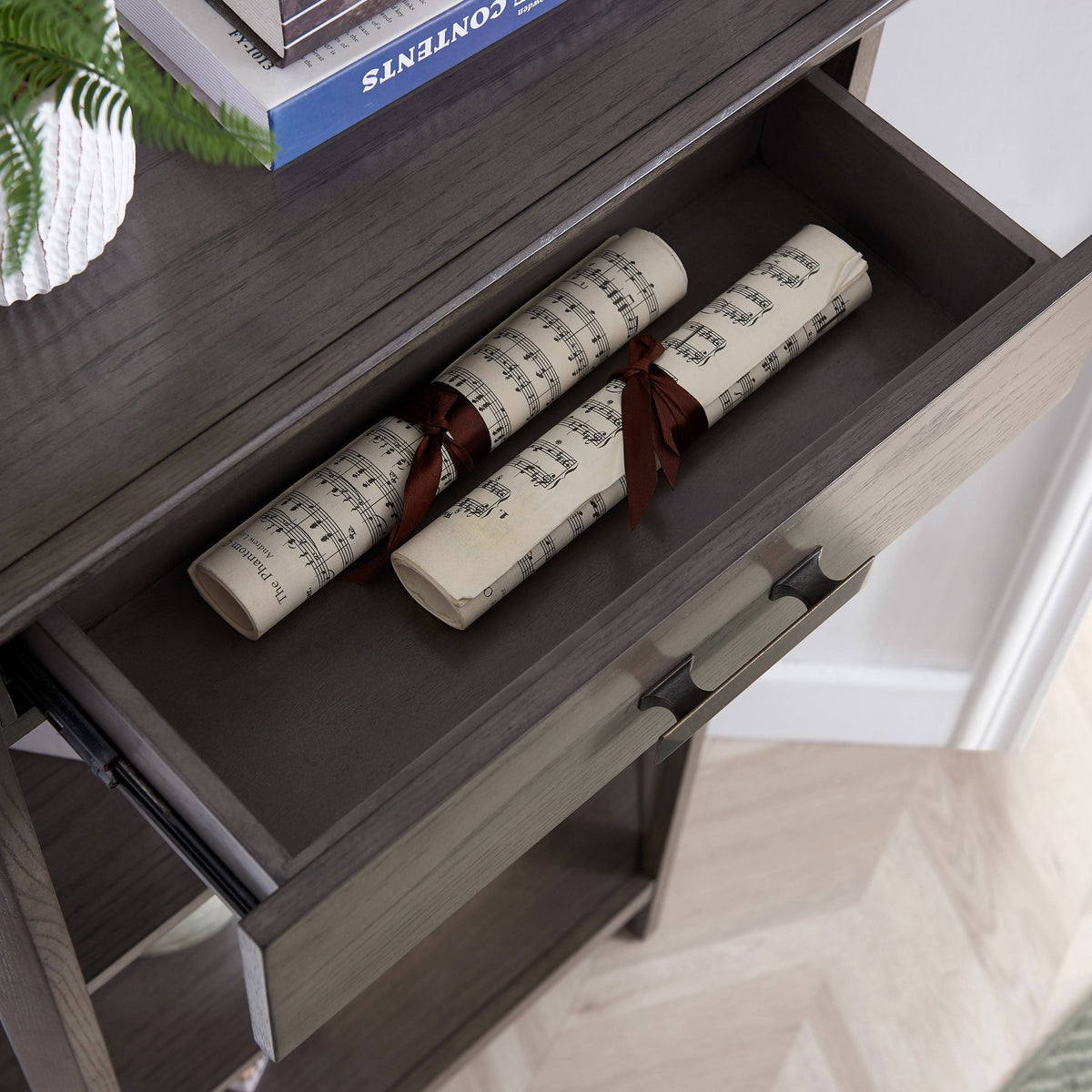 Weathered White 3-Shelf Corner Bookcase with Drawer Storage F85873
