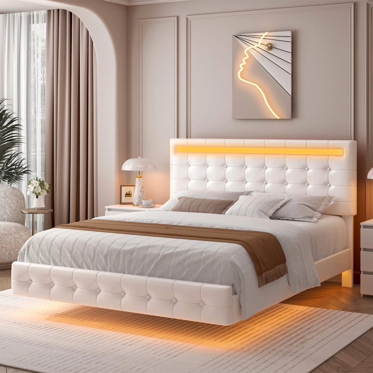 Queen Floating LED Platform Bed Frame with Under Bed Storage O1700