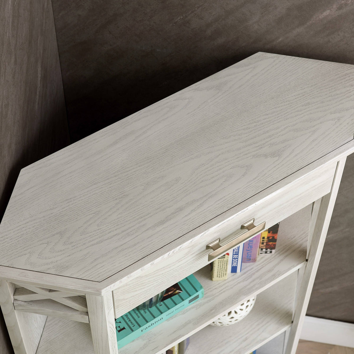 Weathered White 3-Shelf Corner Bookcase with Drawer Storage F85873