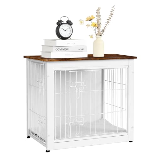 Dog Crate Furniture with Cushion, Wooden Kennel Table with Double Doors, Dark Gray I1682