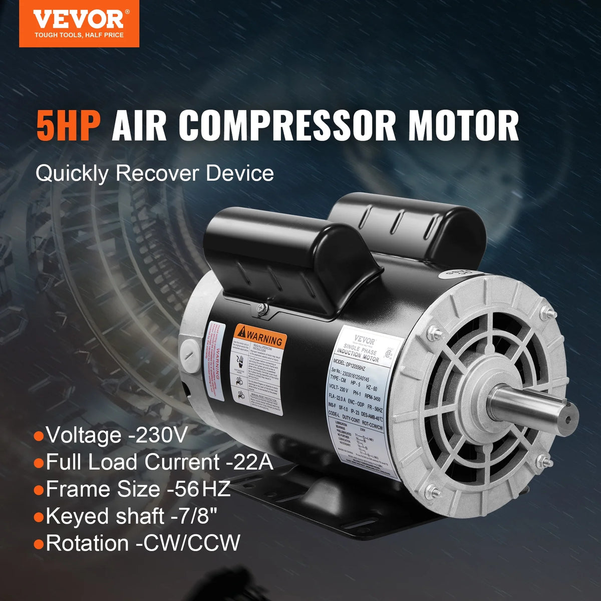 5HP 230V 22 Amps 3450RPM Air Compressor Electric Motor U901