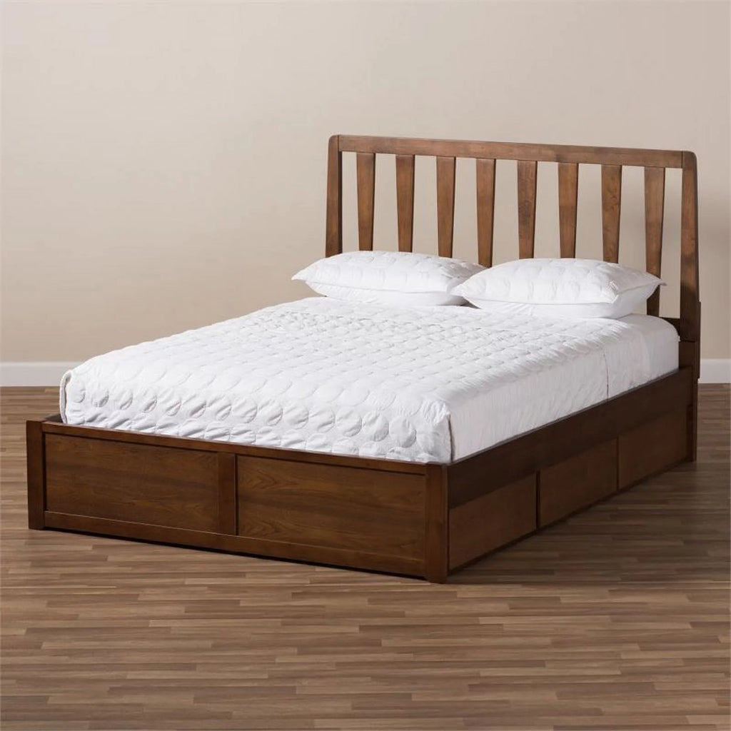 King Walnut Brown Wood Storage Platform Bed M4052