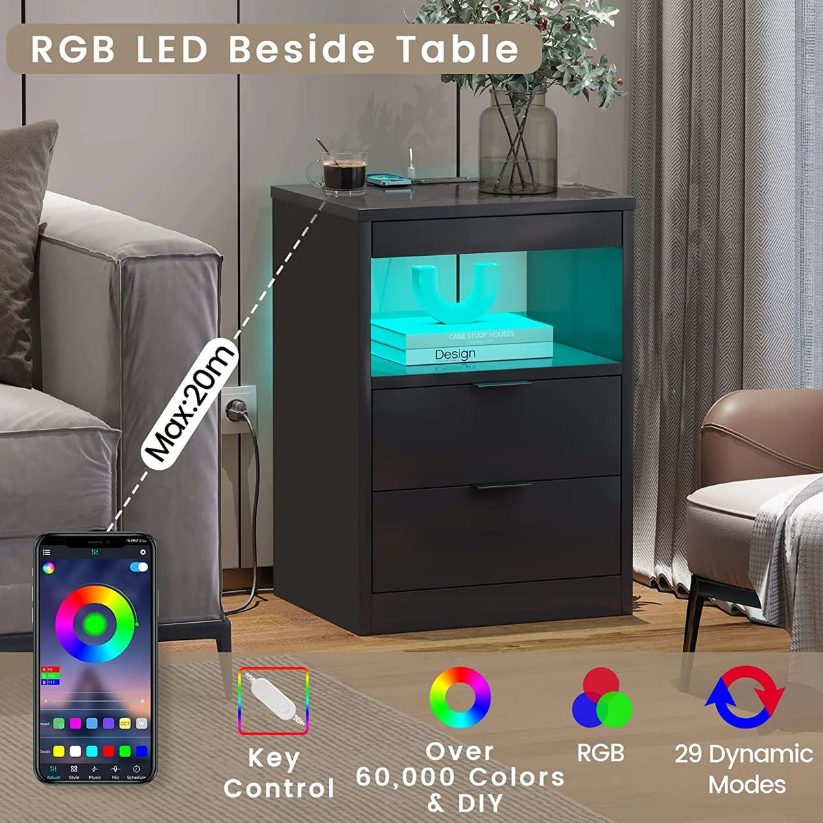 Black 2 Drawer Nightstand with Wireless Charging Station F92387