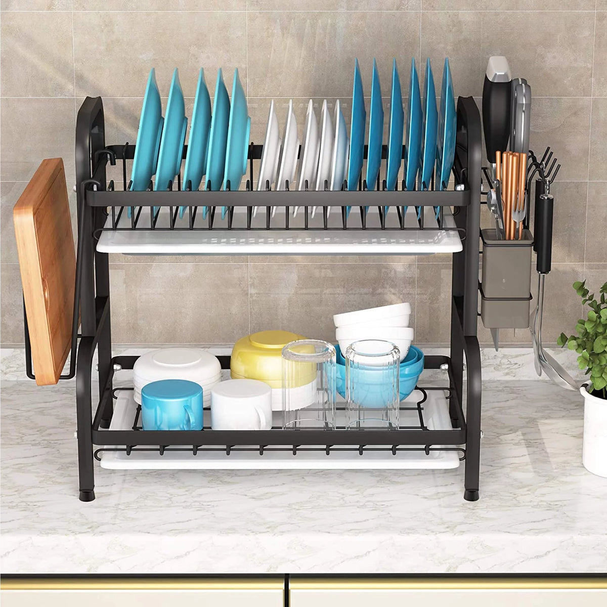 Adjustable 2-Tier Dish Drying Rack with Cutting Board Holder A39363