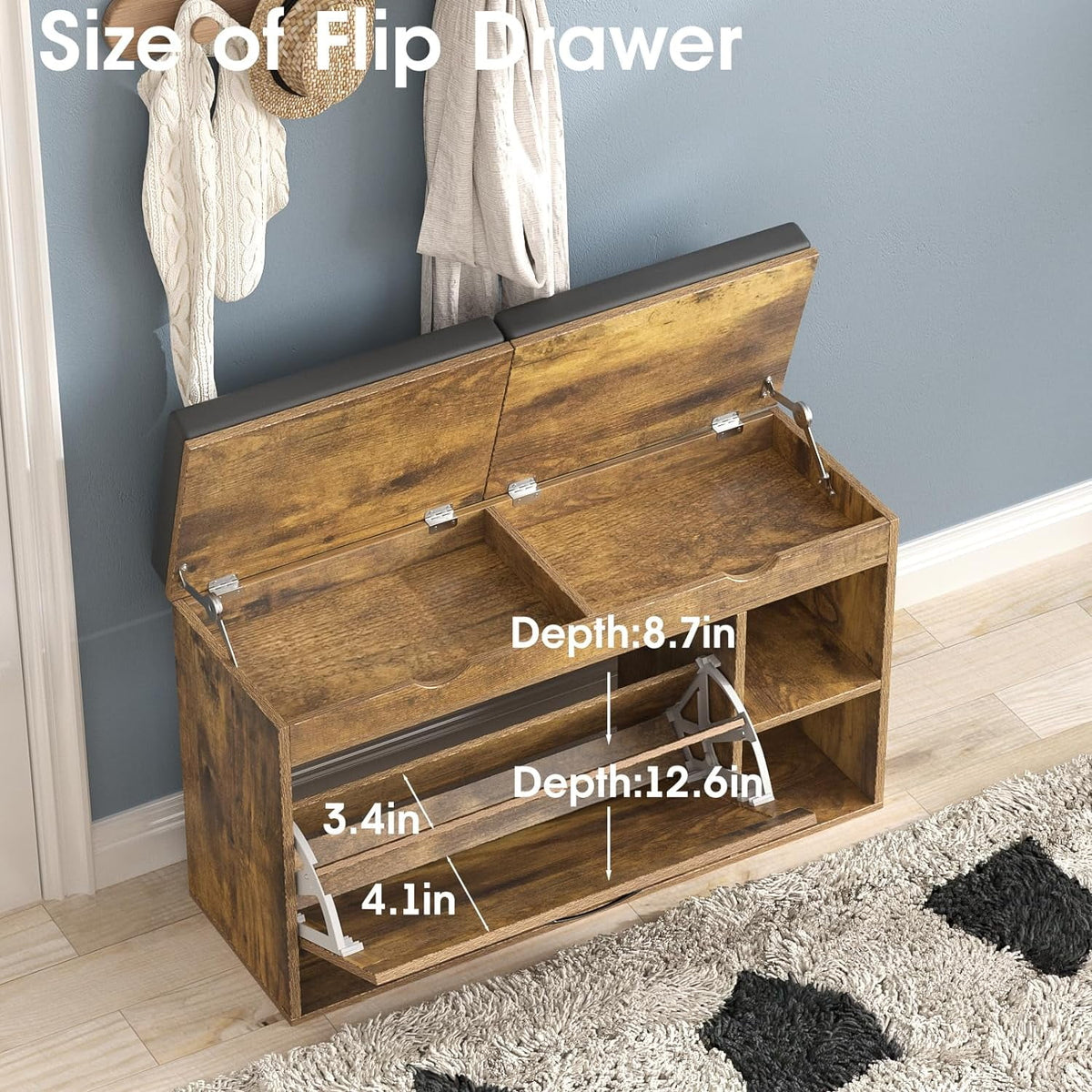 Rustic Brown Shoe Storage Bench with Flip Drawer N13474