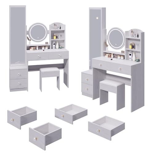 White Oak Makeup Vanity Set with Mirror and Stool I922310