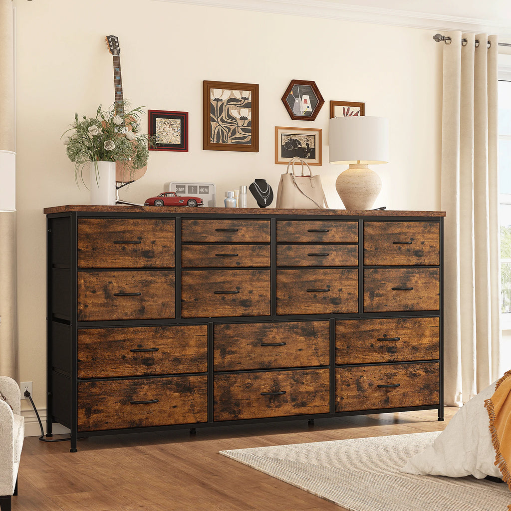 Black 16 Drawer Fabric Dresser TV Stand with Power Outlet X9407