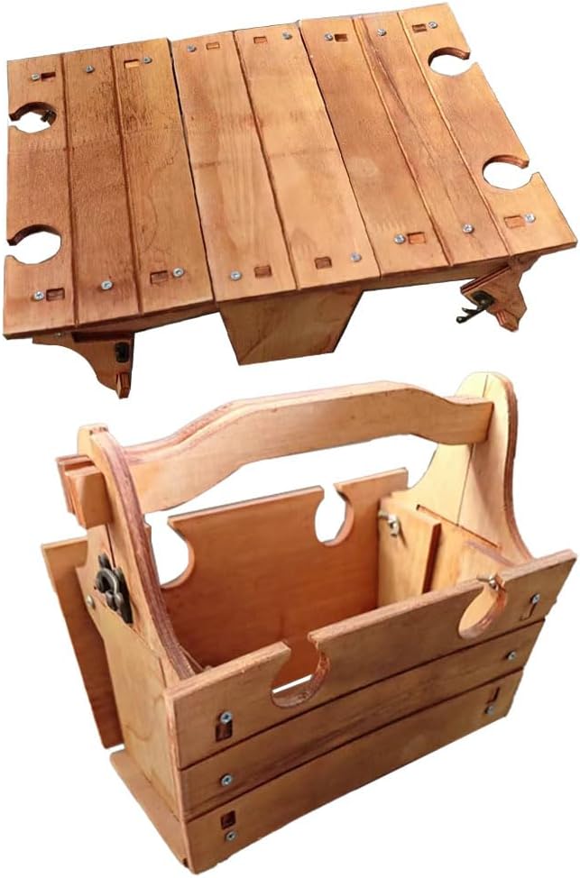 Wooden Folding Picnic Basket Table with Wine Glass Holder M449