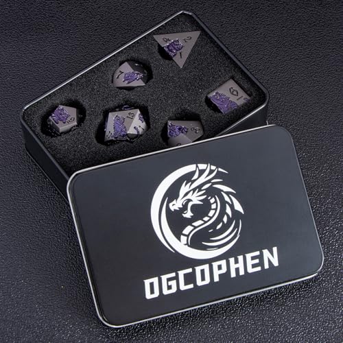 Metal DND Cat Dice 7PCS Polyhedral RPG Dice Set (Purple Yellow) V19777