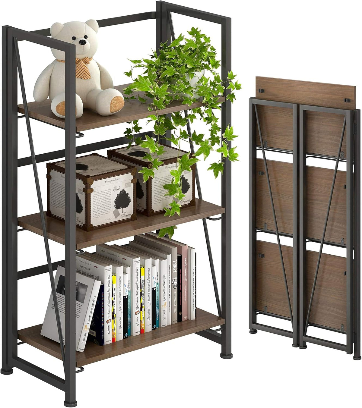 4 Tiers Folding Bookshelf Storage Shelves with 2 Drawers E645