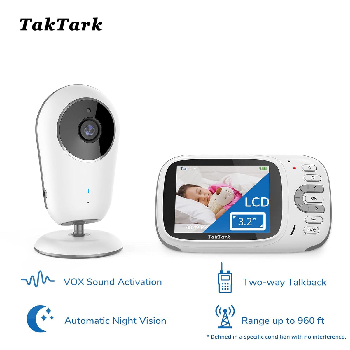 Video Baby Monitor with Camera and Audio, Night Vision, 2 Way Audio, 8 Lullabies T6854