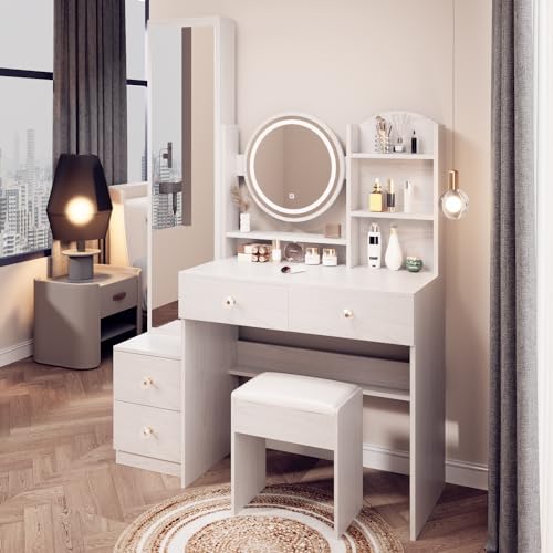 White Oak Makeup Vanity Set with Mirror and Stool I922310