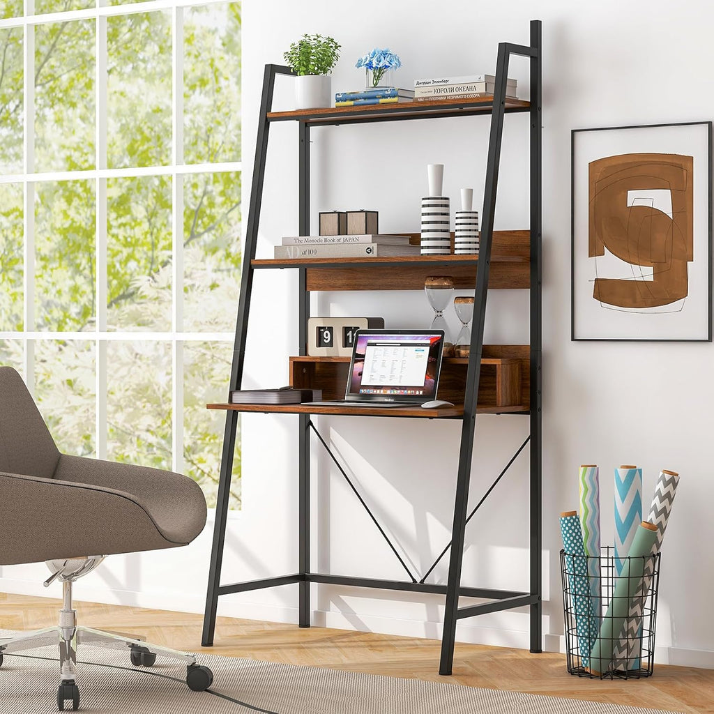 Brown Freestanding Ladder Desk with Open Shelves R840