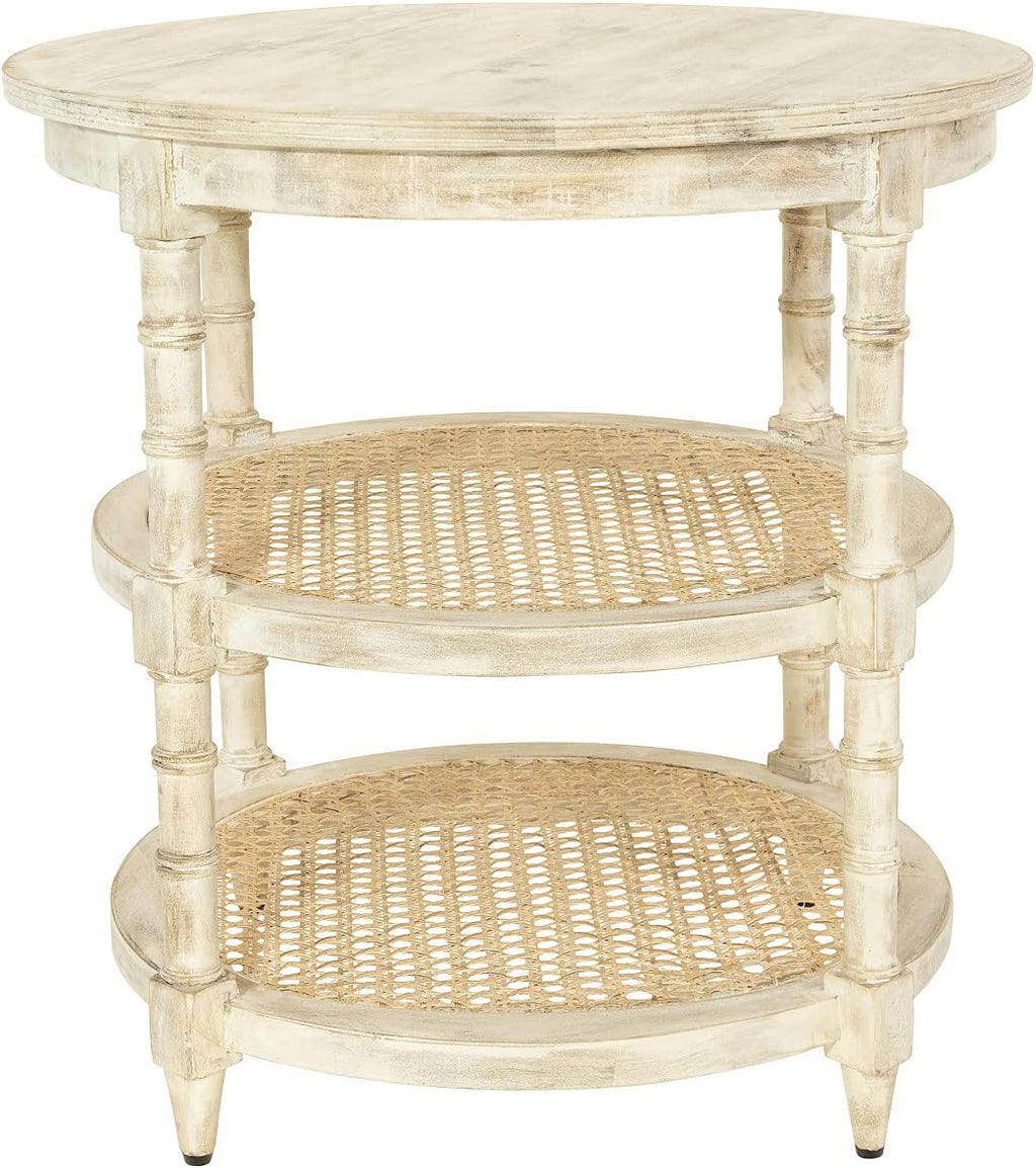 Round Mango Wood Table with Two Cane Shelves T2023