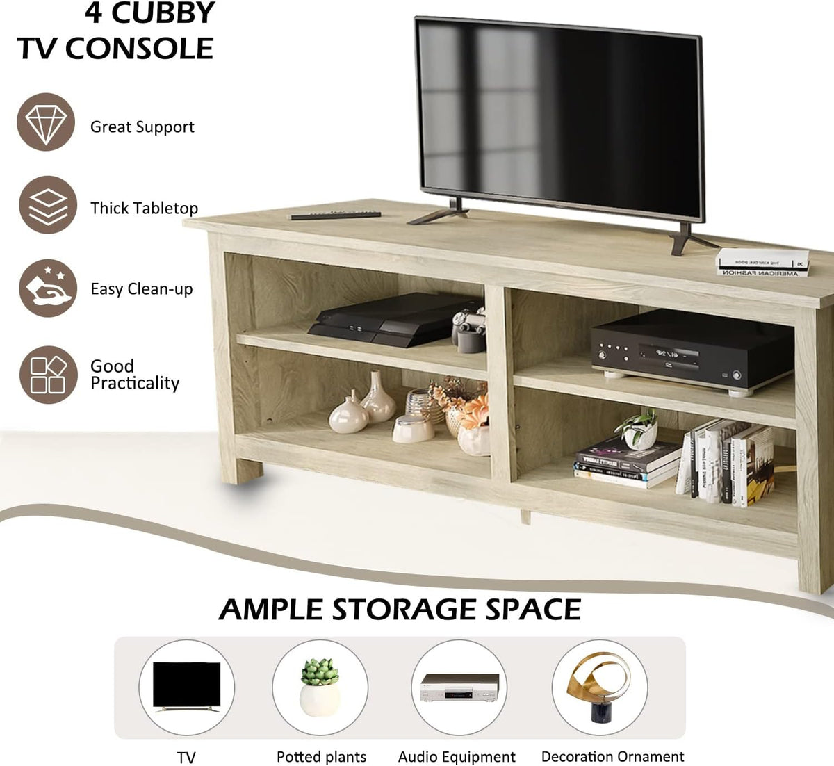 58 Modern TV Stand with 4 Open Storage Cabinets, Oak H726348