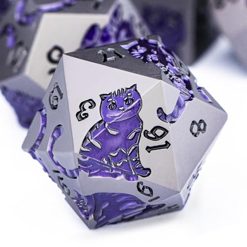 Metal DND Cat Dice 7PCS Polyhedral RPG Dice Set (Purple Yellow) V19777