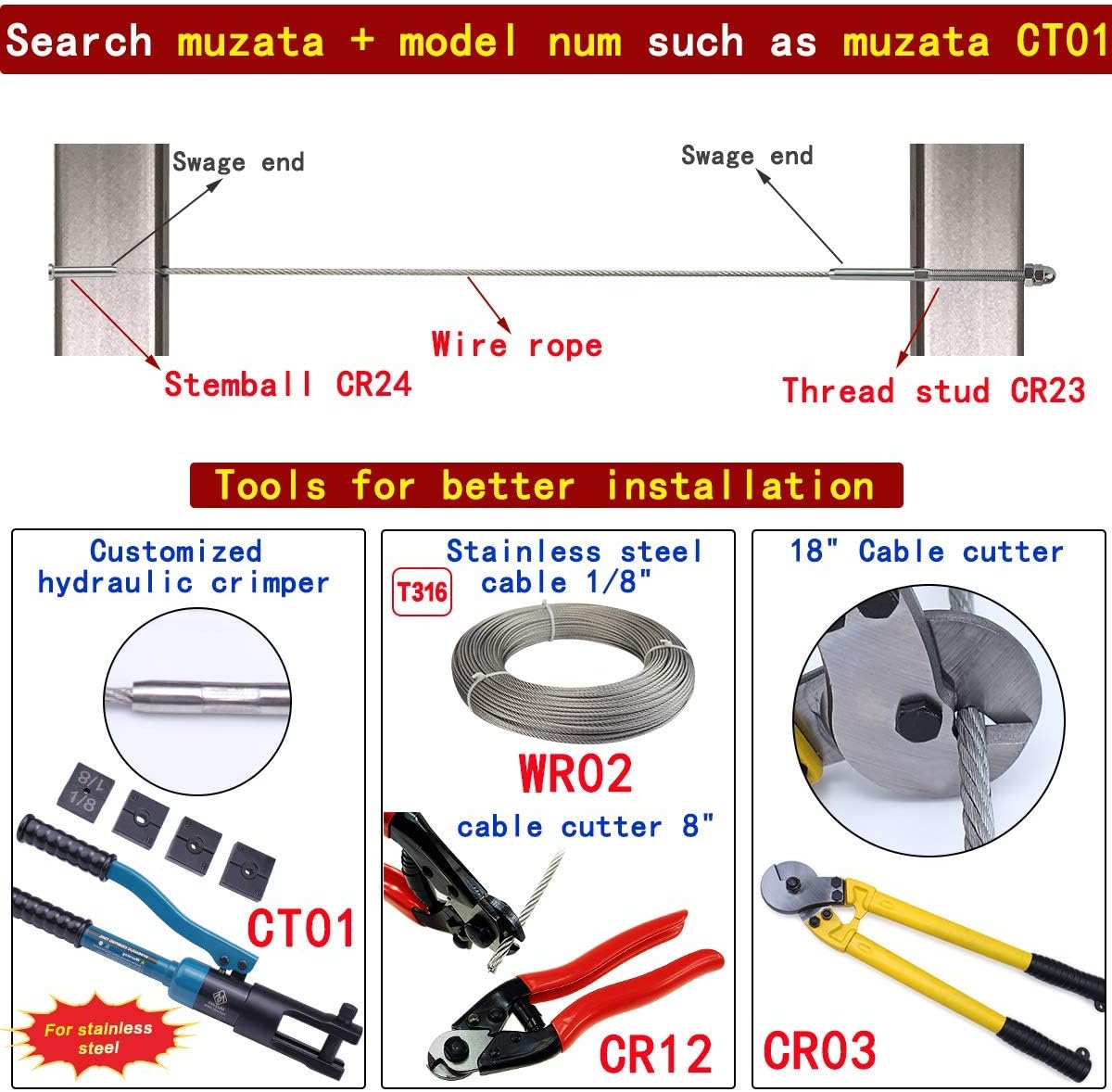 20 Pack 1/8 Invisible Cable Railing Kit T316 Stainless Steel L470