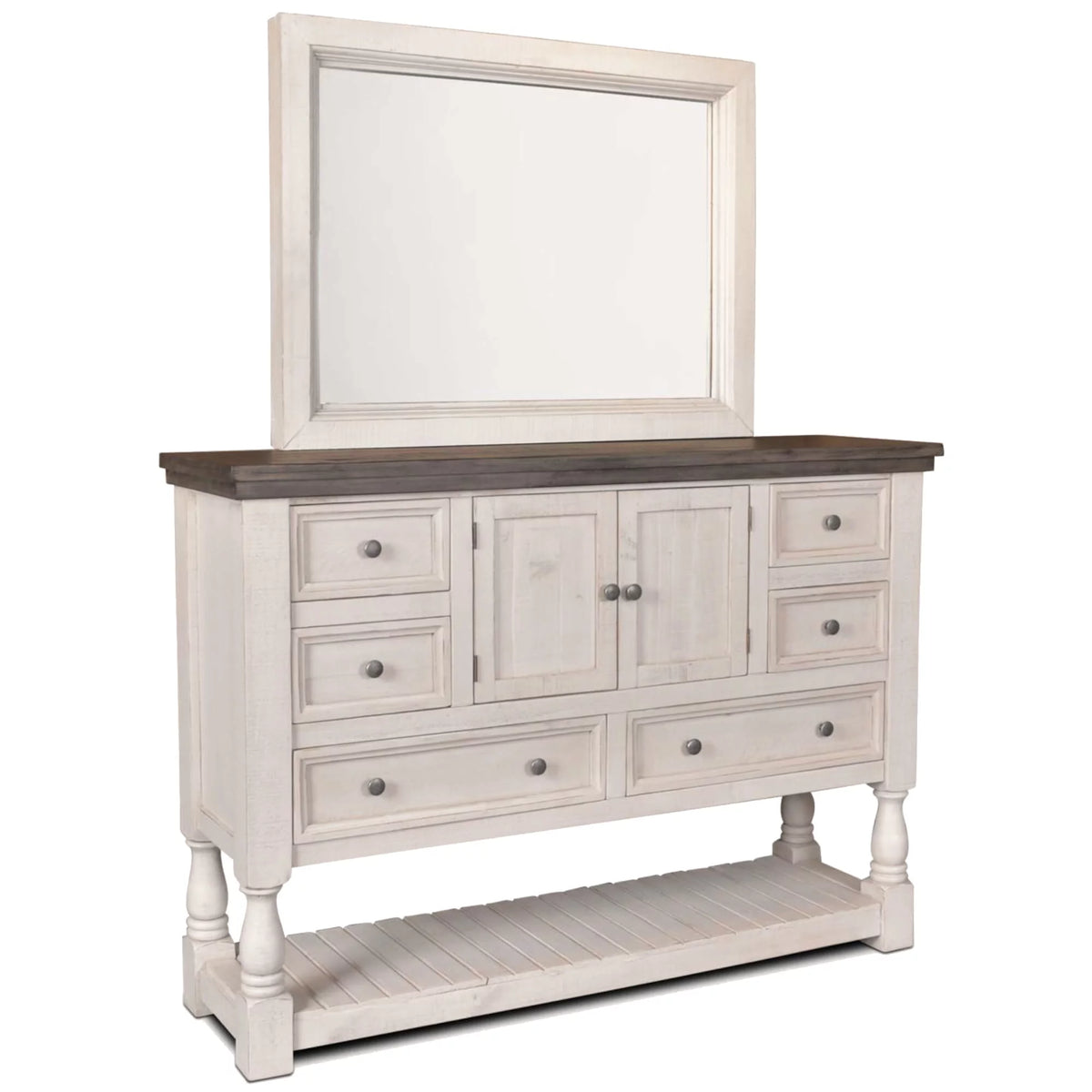 Rustic French 6 Drawer Dresser and Mirror Set A685