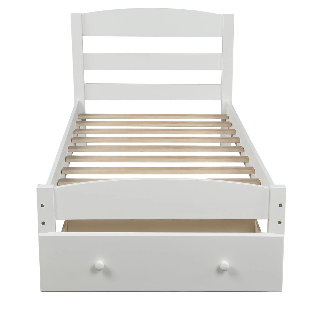White Twin Solid Wood Bed Frame with Storage Drawer T304