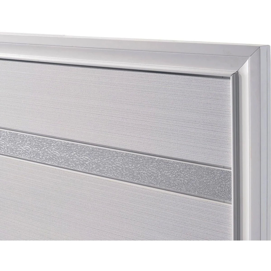 White Panel Design Eastern King Bed with Silver Accents N579