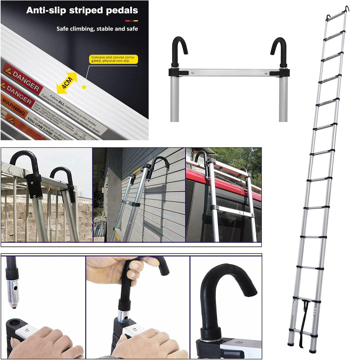 16FT Aluminum Telescoping Extension Ladder with Roof Hooks Z2286