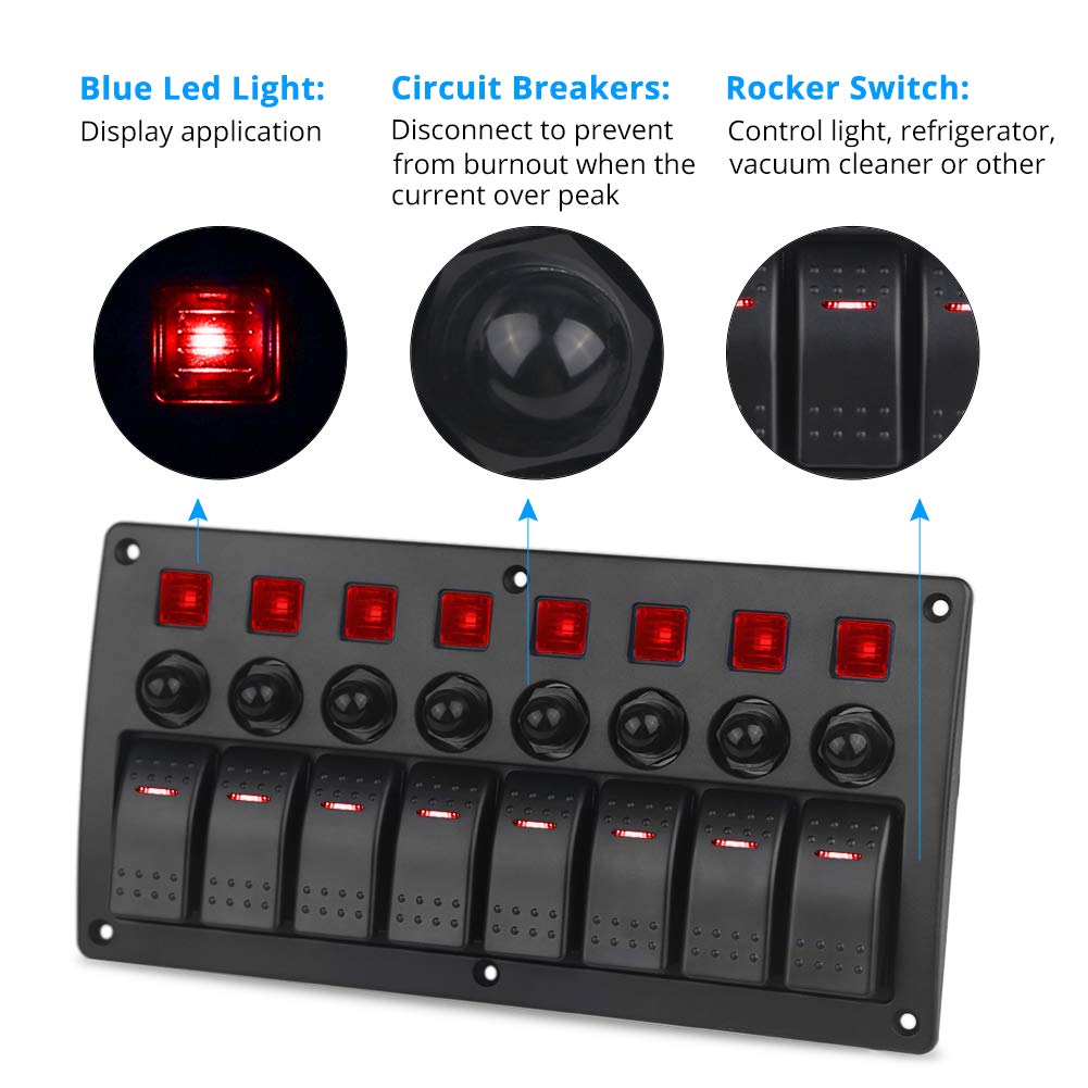 Red 8 Gang Waterproof Toggle Rocker Switch Panel with LED Indicator, Pack of 2 L892