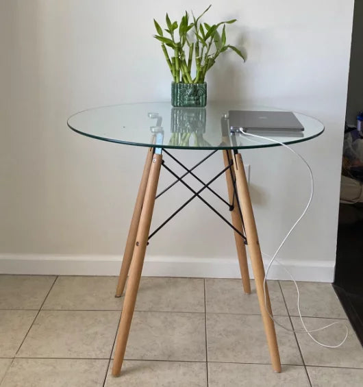 Set of 5 Round Glass Dining Table 32" with Wood Legs C785