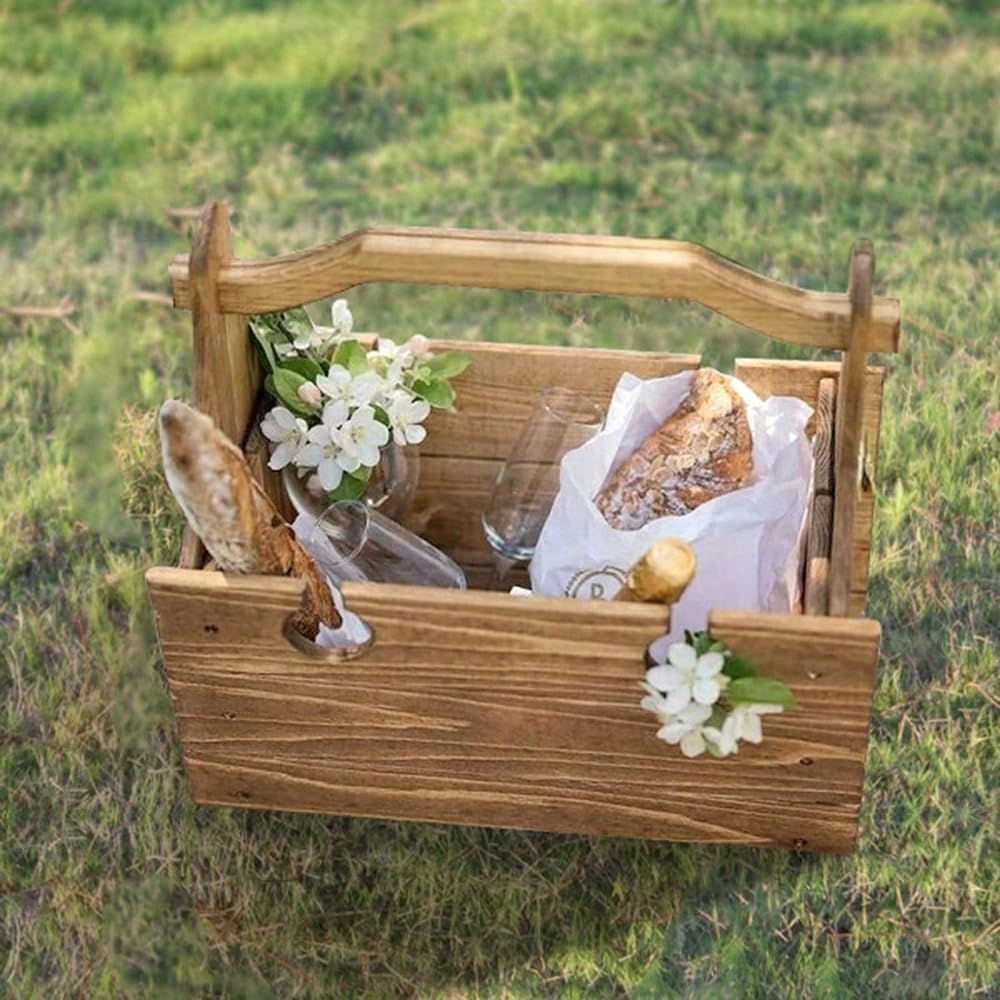 Wooden Folding Picnic Basket Table with Wine Glass Holder M449