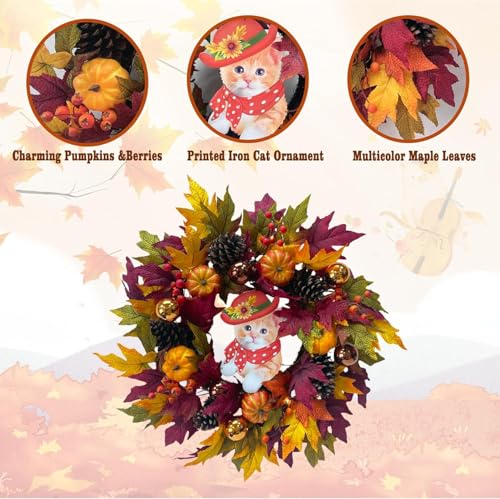 24" Fall Wreath with Pumpkins, Maple Leaves & Timer LED Lights O472