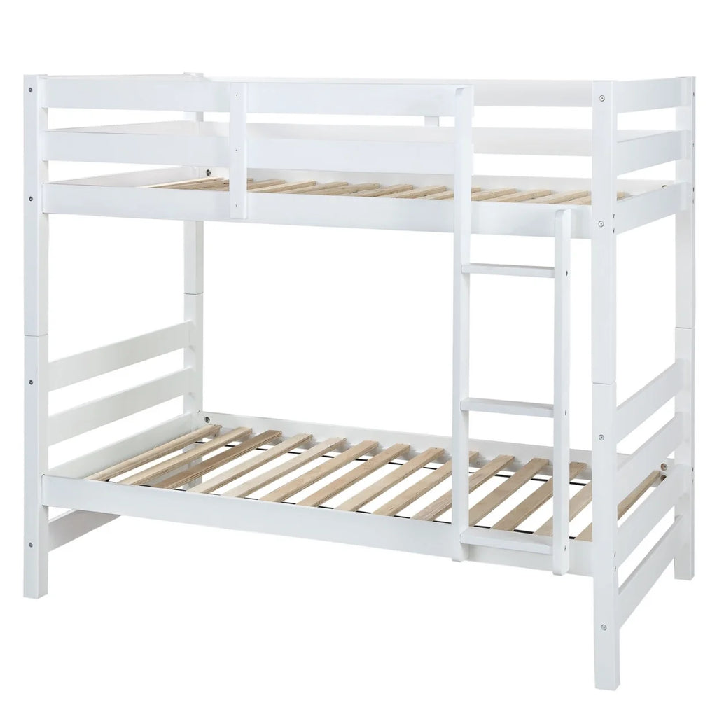 White Wooden Twin Over Twin Bunk Bed with Ladder C118