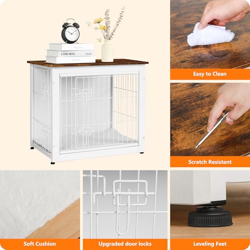 Dog Crate Furniture with Cushion, Wooden Kennel Table with Double Doors, Dark Gray I1682