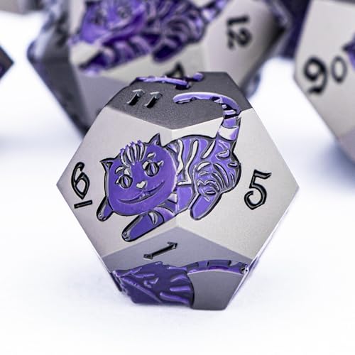 Metal DND Cat Dice 7PCS Polyhedral RPG Dice Set (Purple Yellow) V19777