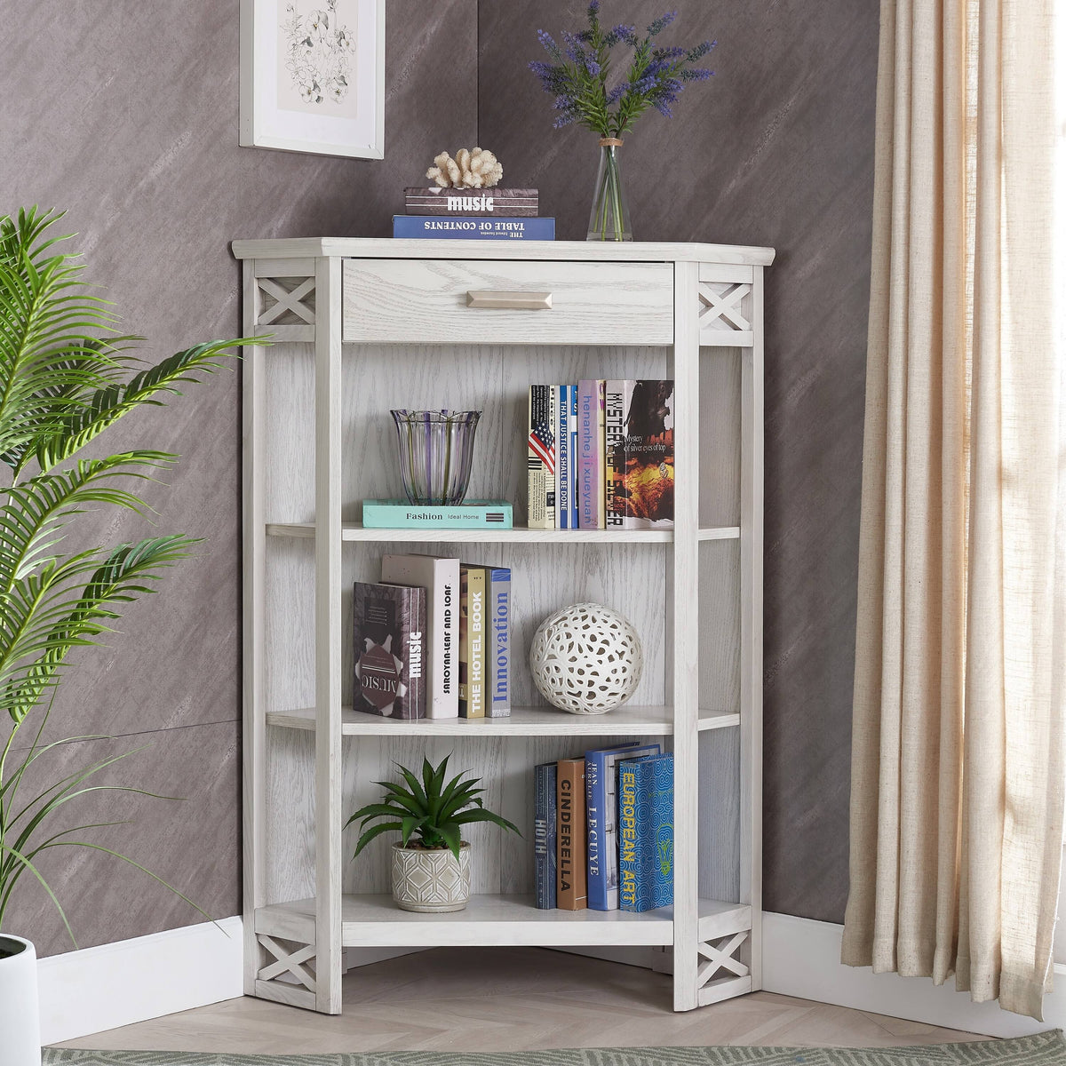 Weathered White 3-Shelf Corner Bookcase with Drawer Storage F85873