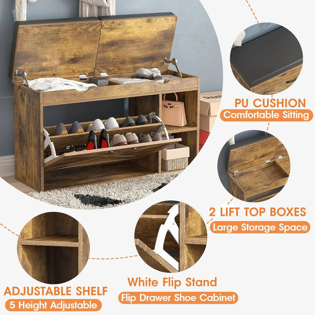 Rustic Brown Shoe Storage Bench with Flip Drawer N13474