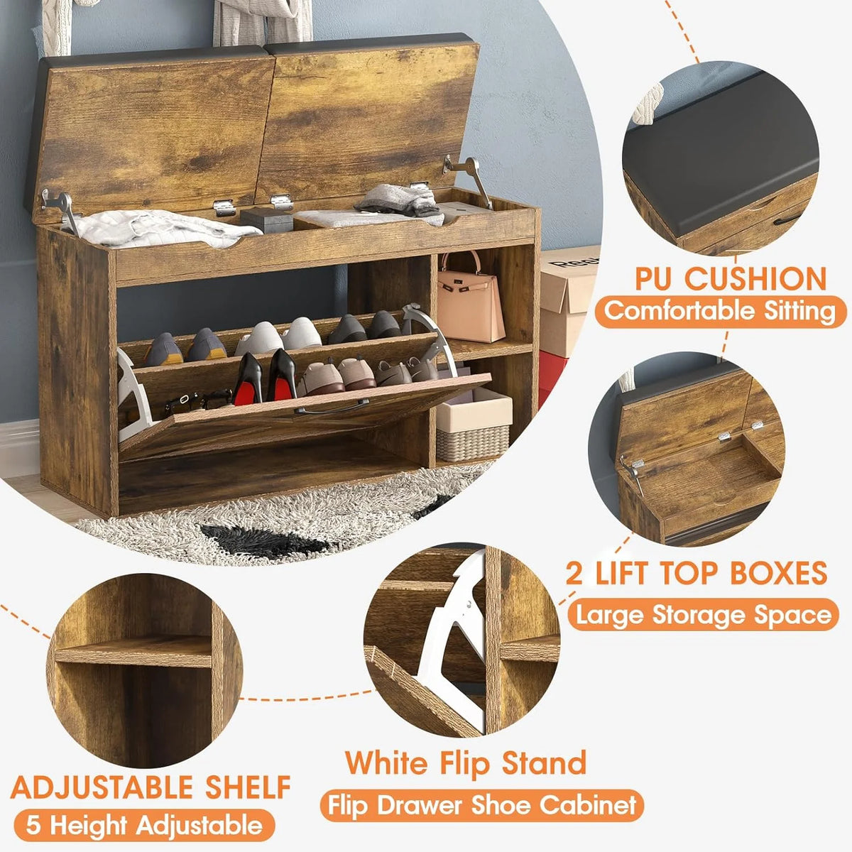 Rustic Brown Shoe Storage Bench with Flip Drawer N13474