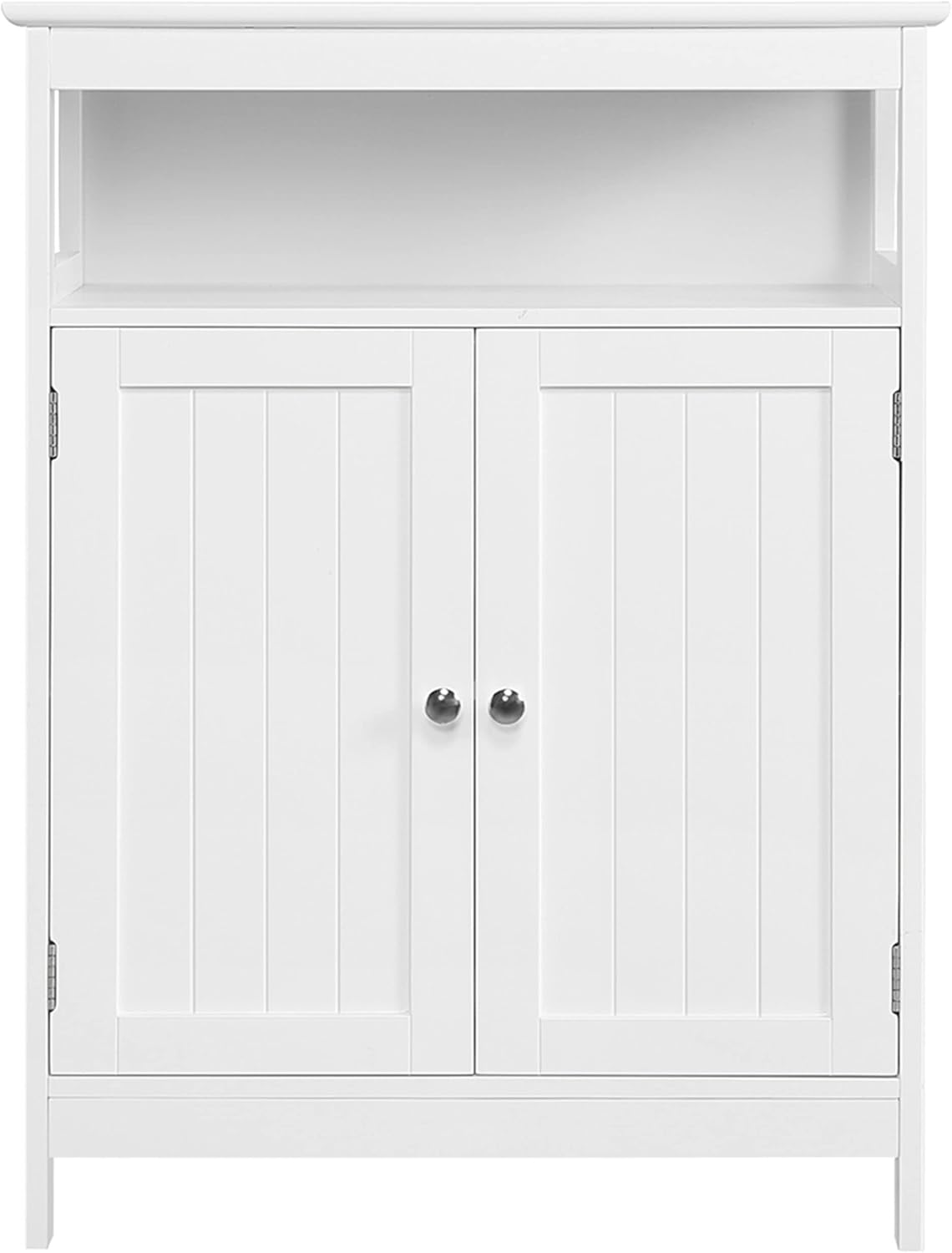 White Wooden Bathroom Floor Cabinet with Double Doors and Adjustable Shelves A155