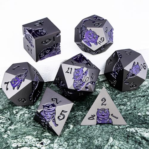 Metal DND Cat Dice 7PCS Polyhedral RPG Dice Set (Purple Yellow) V19777