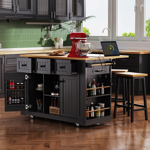 Black Kitchen Island with Storage Cabinet on Wheels, 53.5'' Mobile Kitchen Cart with Power Outlet, Drop Leaf, Spice Rack and Drawer V438