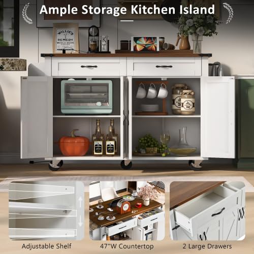 Black Kitchen Island with Storage Cabinet on Wheels, 53.5'' Mobile Kitchen Cart with Power Outlet, Drop Leaf, Spice Rack and Drawer V438